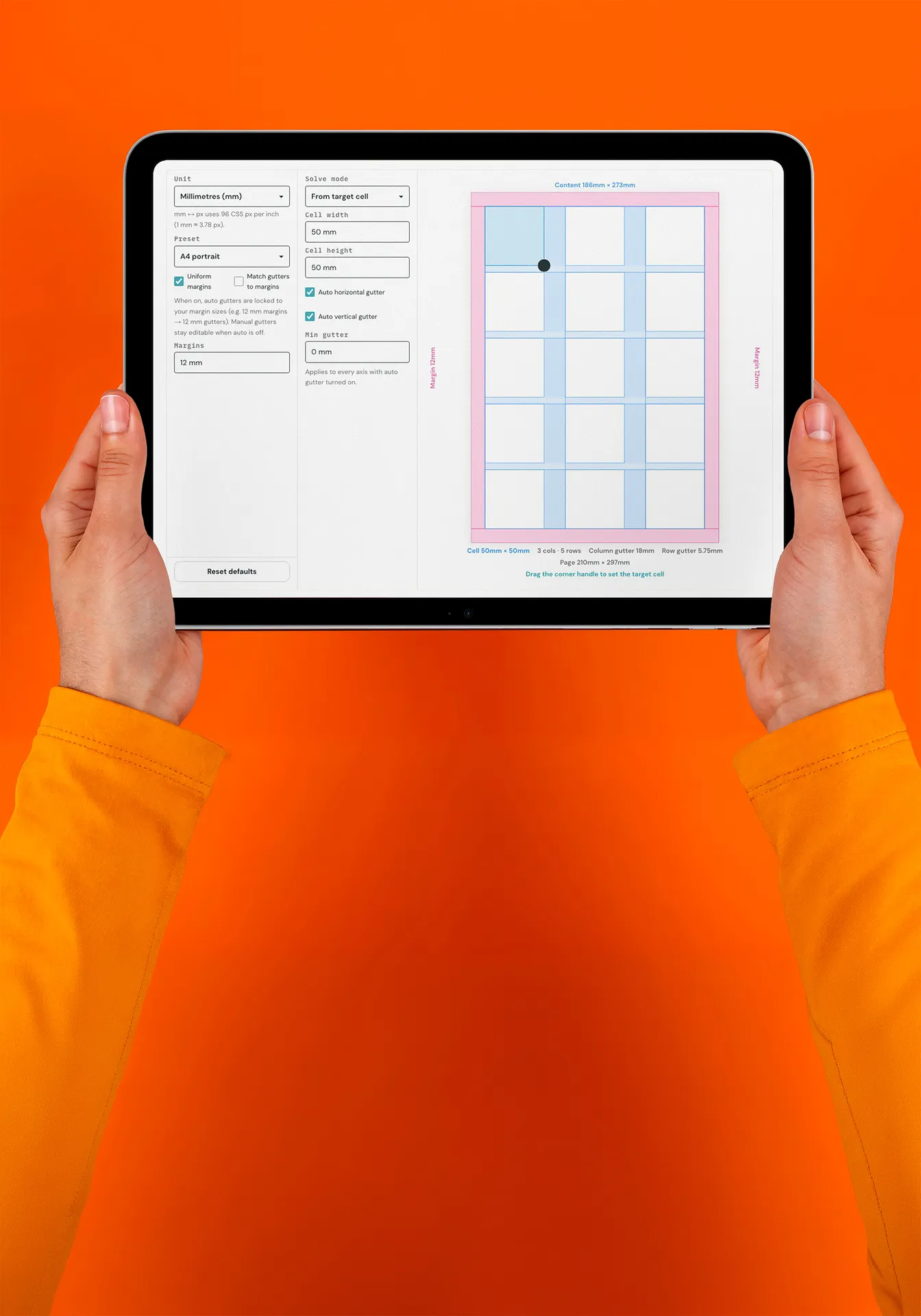 This image depicts a screenshot of a web page featuring a grid-based layout, with a prominent pink border surrounding a blue grid. The page is divided into two sections: a left-hand column displaying various settings and options, and a righ
