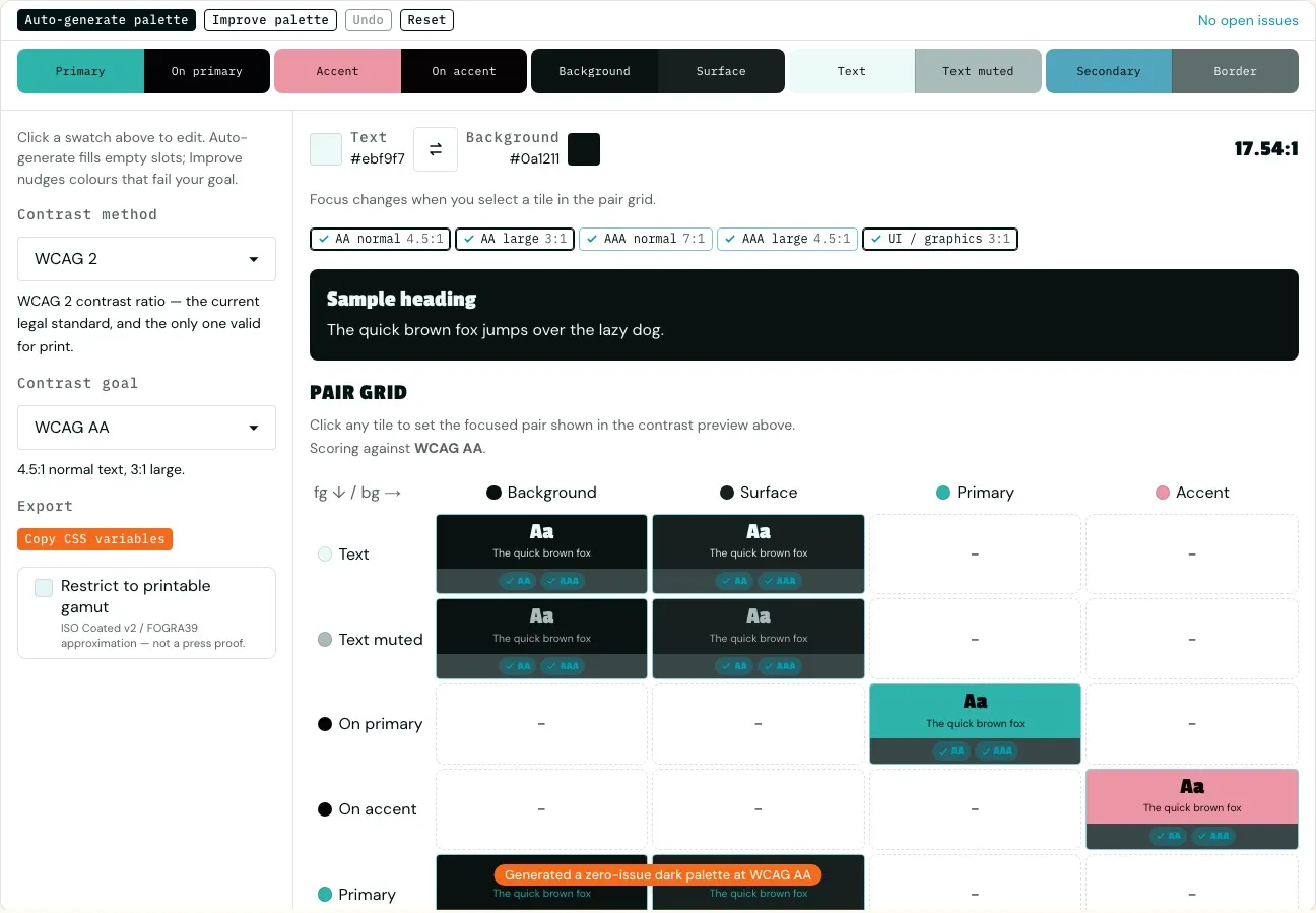 Accessible colour palette tool with contrast hero and pair grid.