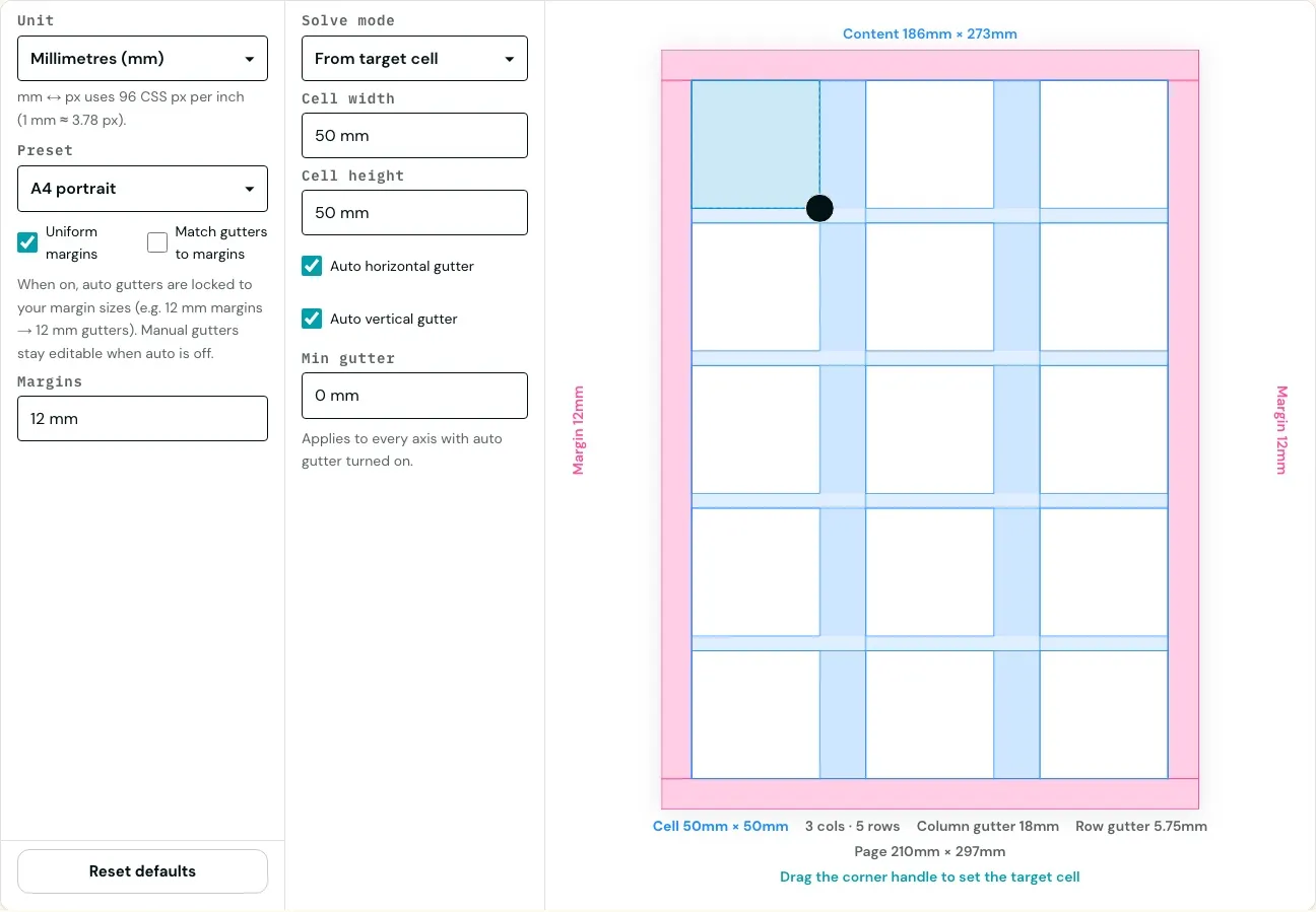 Perfect grid generator showing a labelled page layout preview with columns and gutters.