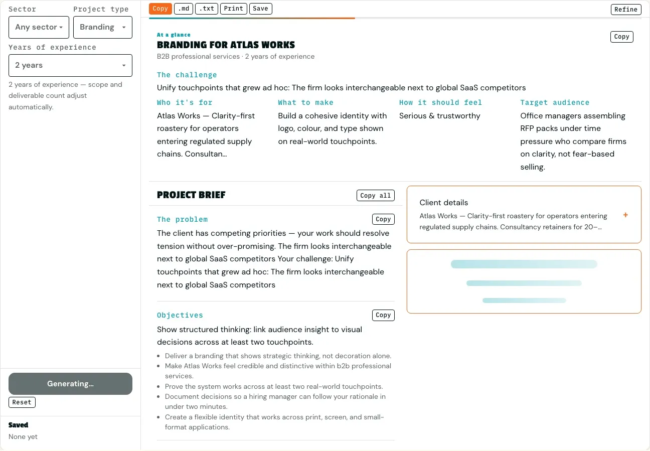 Portfolio brief generator with a structured fictional client brief on screen.