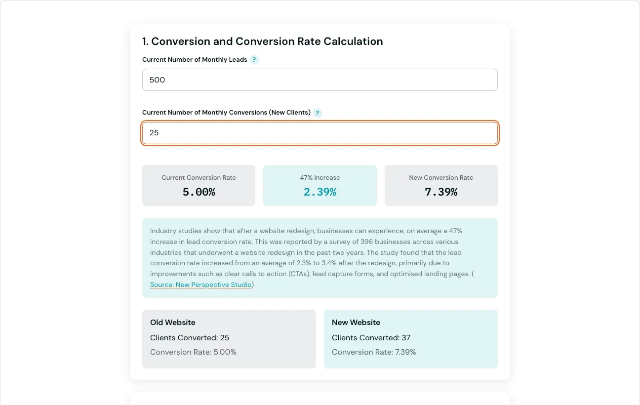 Website redesign ROI calculator with conversion and payback inputs.